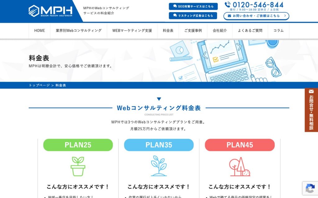 プラスファクトリー MPH WEBコンサルティングの公式サイトの画面